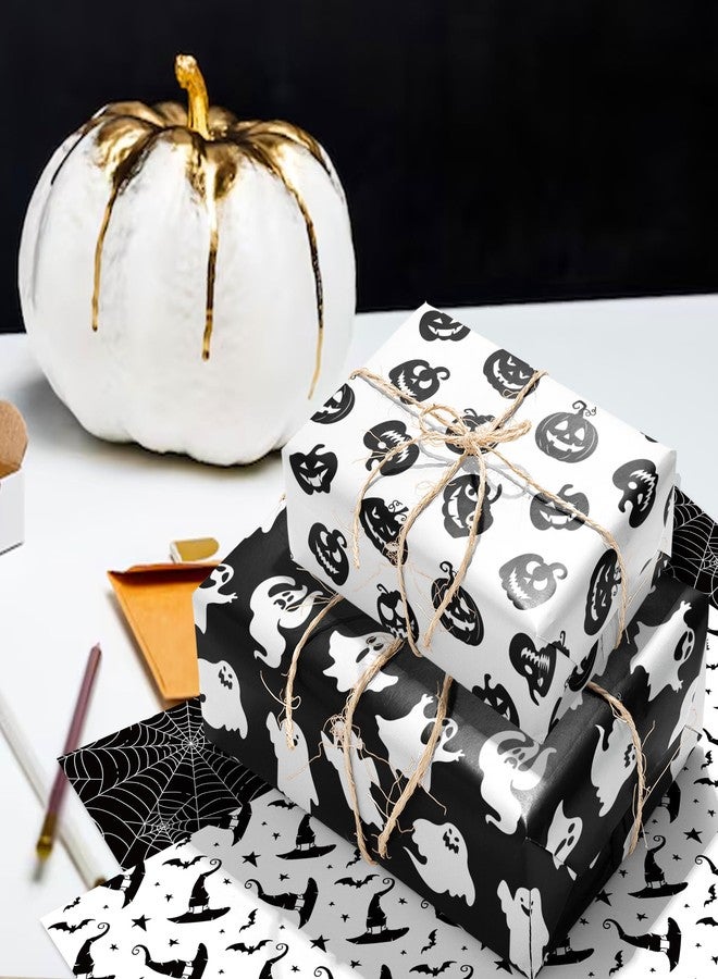 HOWAF 12 Halloween Wrapping Paper, Black White Halloween Gifts Wrapping Paper Folded Flat for Hallows' Eve Party Gift Packing, Bat Spider Web Pumpkins Ghost Gift Wrap Papers - Image 4